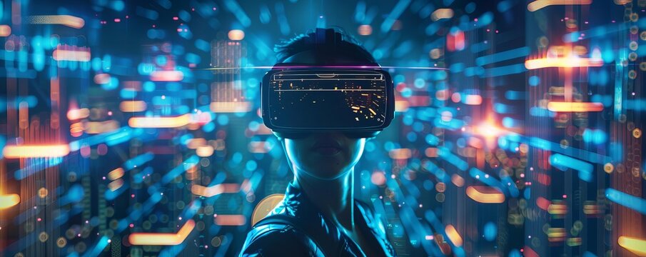 Atmospheric view of a person wearing a VR headset, surrounded by a digitally constructed cityscape, emphasizing the potential of virtual tours and real estate exploration