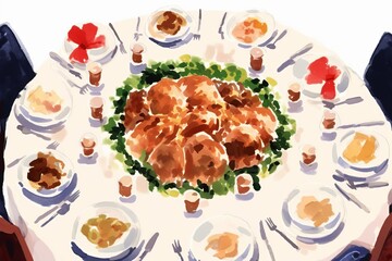 Christmas dinner watercolor, hearty Christmas dinner watercolor