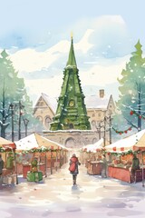 Christmas market watercolor, bustling Christmas market watercolor