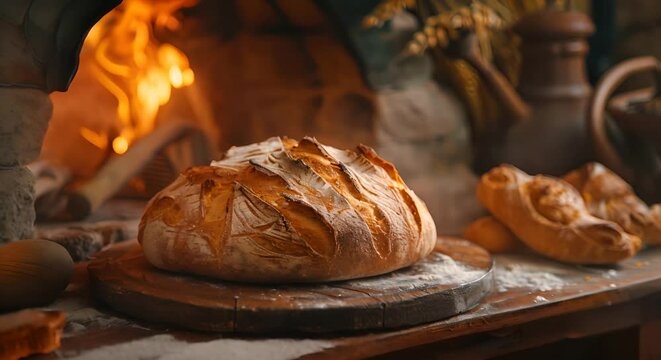 A close up of a loaf of bread on a wooden table with a fire in the background