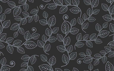 line art floral seamless pattern vintage black white leaf texture retro vector fabric textile paper print wallpaper background
