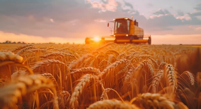 A combine harvester is harvesting a field of wheat at sunset.