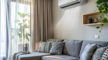 Un climatiseur qui diffuse de l'air frais dans le salon d'une maison durant l'été.