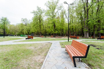 Outdoor bench surrounded by trees in a natural park setting - Powered by Adobe