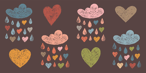 Set of Design Elements Isolated Hand-drawn Clouds with Drops and Hearts of Different Colors. Style of Children's Drawing.