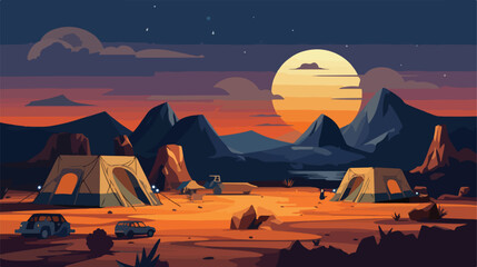 Desert camp at night. Landscape panorama with tents