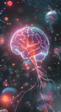 A glowing blue and orange brain with a glowing blue and orange background with a bunch of blue and orange orbs around it