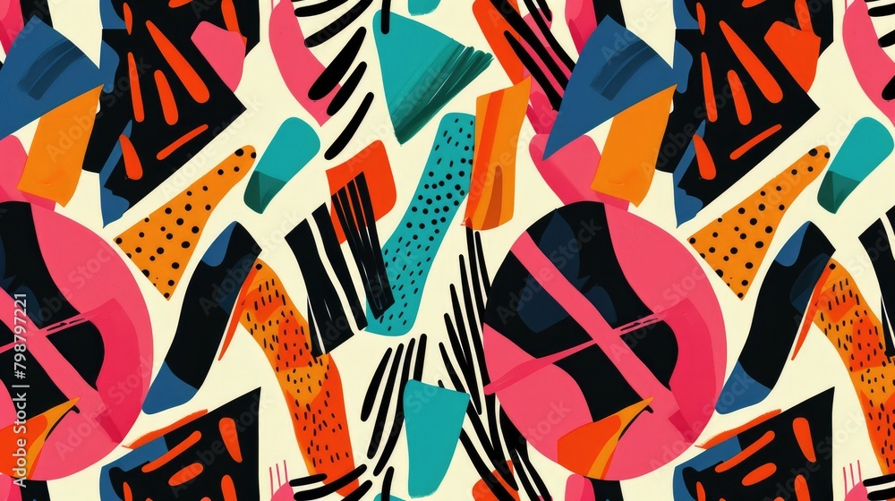 Poster design a repeating pattern of abstract shapes and lines, reminiscent of the bold graphic prints foun