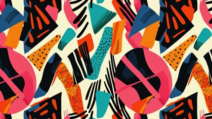 Design a repeating pattern of abstract shapes and lines, reminiscent of the bold graphic prints found on 80's and 90's clothing and textiles.