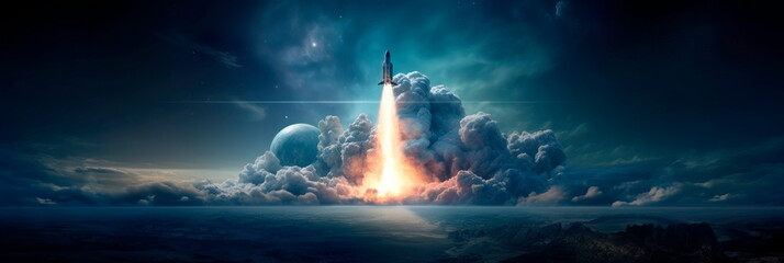rocket starting its space exploration mission, with the starry sky as a backdrop.