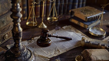 Judge's gavel and scales of justice, on lawyer's bench table with classic bookshelf background.