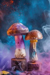 Two mushrooms are on table with smoke in background