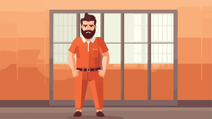 Bearded male criminal with handcuffs standing and p