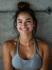Woman with smile on her face is wearing grey tank top