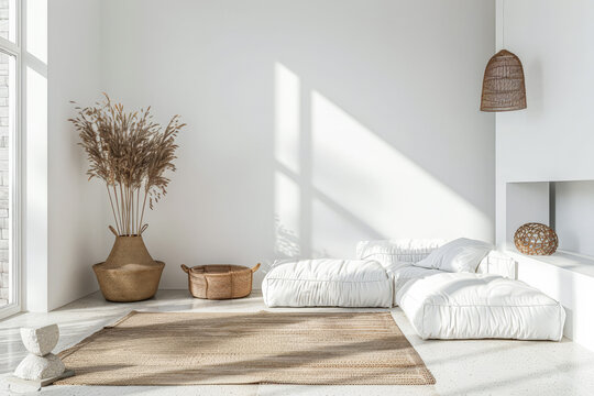 Contemporary chic interiors with minimalistic decor and natural lighting. Interior design composition with minimal boho furniture