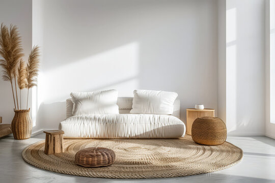 Contemporary chic interiors with minimalistic decor and natural lighting. Interior design composition with minimal boho furniture