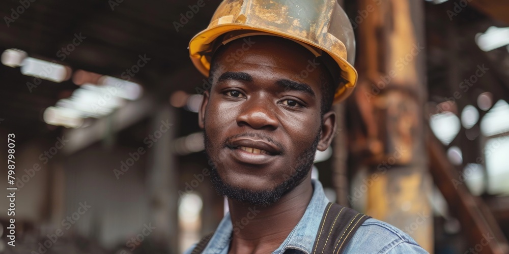 Sticker man wearing hard hat and blue shirt is smiling