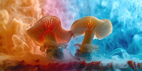Two mushrooms are on colorful background with smoke in background - obrazy, fototapety, plakaty