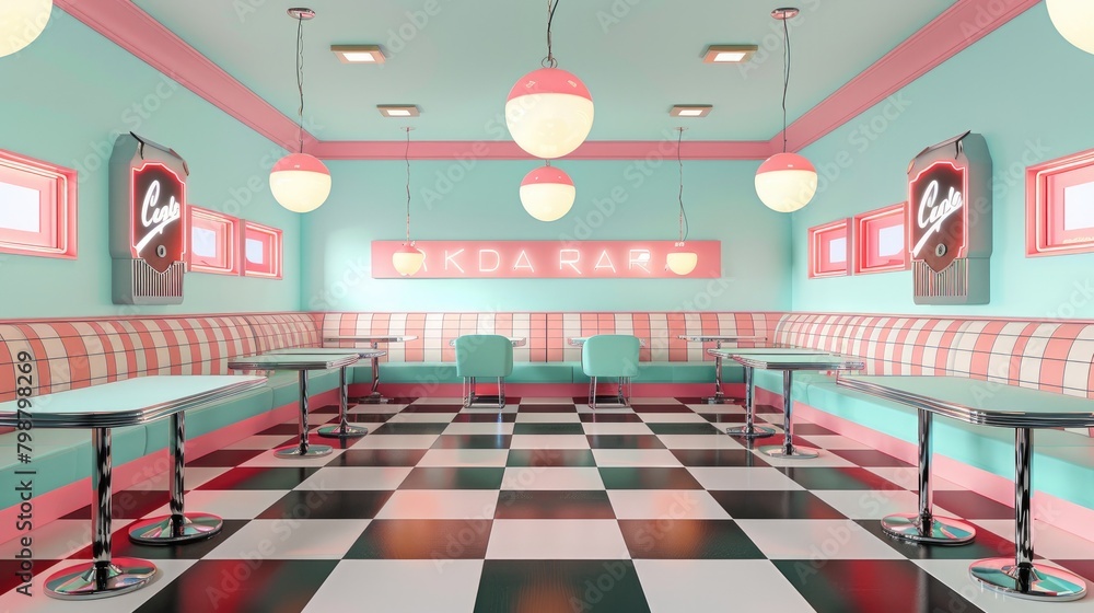 Poster create a seamless pattern background with a retro diner theme, featuring checkerboard floors, vinyl 