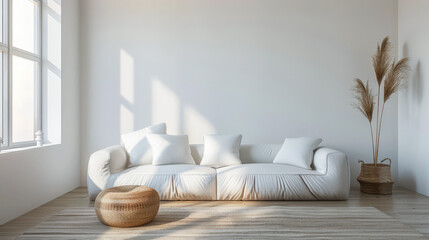 Fototapeta na wymiar Contemporary chic interiors with minimalistic decor and natural lighting. Interior design composition with minimal boho furniture