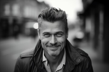 Obraz premium Portrait of a handsome man smiling in the city. Black and white.