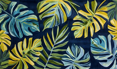 A tropical rug design with vibrant blue, green and yellow leaves on navy background, soft velvety texture, Generative AI