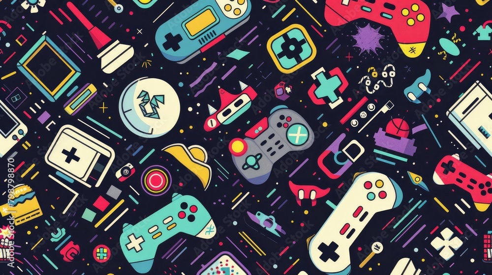 Poster imagine a seamless pattern background inspired by 90's video game graphics, featuring pixelated char