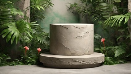 Natural stone and concrete podium in tropical forest with flowers. Empty showcase for packaging product presentation. Background for cosmetic products, scene with green leaves. Mock up pedestal.
