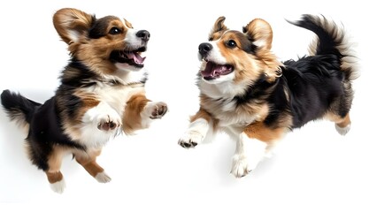 Two Ragamuffin dogs jumping joyfully on a white background in a photo. Concept Dogs, Ragamuffin breed, Jumping, Joyful, White background, Photography