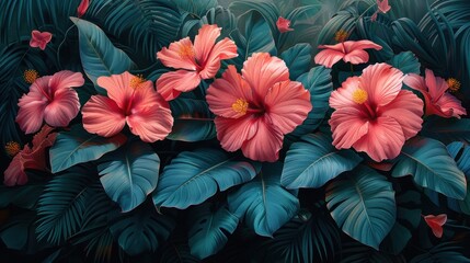 tropical leaves and flowers wallpaper background - obrazy, fototapety, plakaty