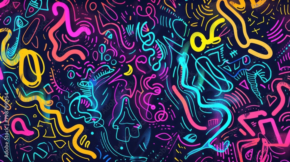 Wall mural Create a repeating pattern of neon squiggles and abstract doodles, reminiscent of the graffiti art popularized in urban culture during the era.