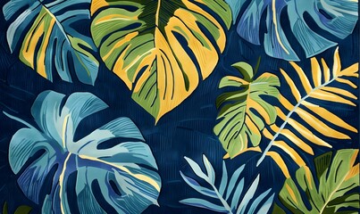 Fototapeta na wymiar A tropical rug design with vibrant blue, green and yellow leaves on navy background, soft velvety texture, Generative AI