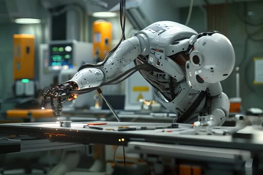 A robot is working on assembling a circuit board in a factory.