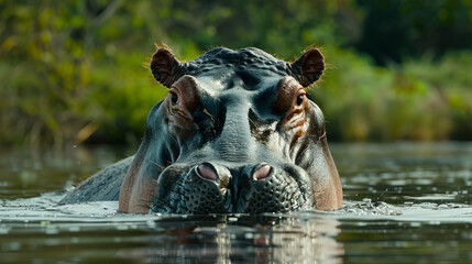 Fototapeta premium A large hippopotamus relaxing in water, partially submerged 