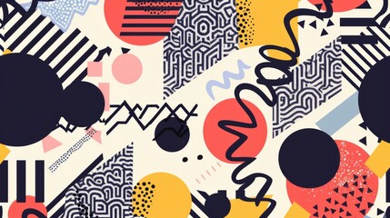 Create a seamless pattern background with a Memphis design influence, featuring bold geometric shapes, squiggles, and abstract patterns in a playful and eclectic arrangement.