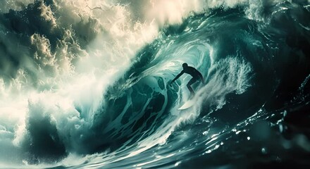A surfer rides a big wave in the ocean.