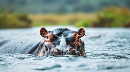 A large hippopotamus relaxing in water, partially submerged	