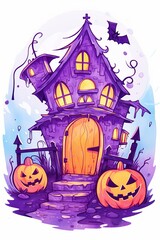 Fototapeta premium Halloween haunted house watercolor, creepy Halloween haunted house watercolor