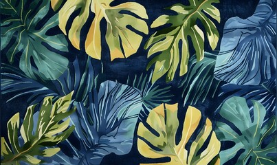 A tropical rug design with vibrant blue, green and yellow leaves on navy background, soft velvety texture, Generative AI