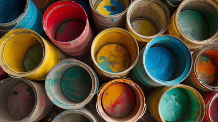 Fototapeta premium Many open paint can with different ink colors, background, top view