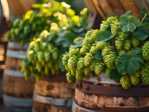 Barrels of beer with hops on top