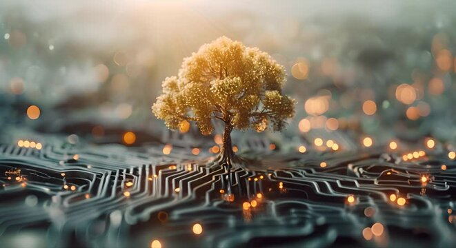 Circuit board with a tree growing out of it.