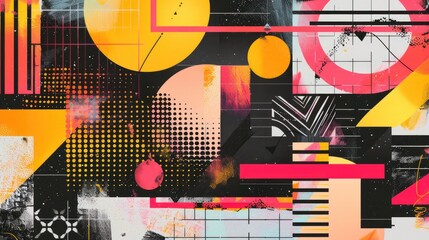 Obraz premium Detail the retro-inspired elements adorning the background, such as geometric shapes, abstract patterns, or pixel art motifs.