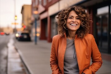 Portrait of a beautiful young woman with curly hair smiling on the street