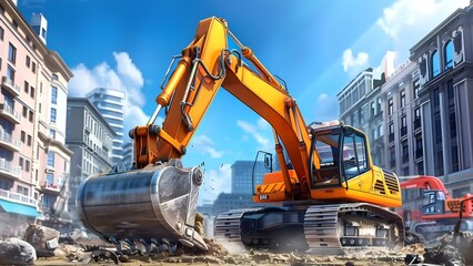 Clearing Debris: Yellow Excavator at Construction Site with Heavy-Duty Tools. Concept Construction Equipment, Debris Removal, Excavator Operations, Heavy-Duty Tools, Construction Site Operation