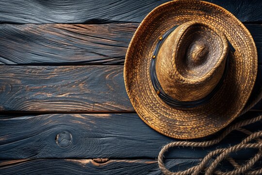 High-resolution image showcasing a textured cowboy hat resting on a dark-stained, wooden surface with a western aesthetic vibe