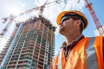 Close up of a crane operator at work with a high    rise building under construction in the background, focusing on the skill and precision required in urban construction projects
