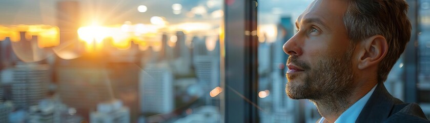 Close up of a contemplative businessman gazing at a panoramic city view from a high    rise office, representing leadership and strategic thinking