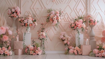 This romantic and opulent pink floral display, set against a striking geometric wall design, offers a perfect blend of classic and contemporary elegance. - obrazy, fototapety, plakaty