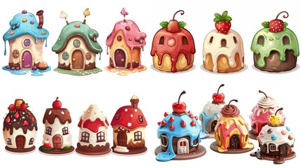 Fototapeta premium cute fairytale cartoon house clipart isolated on white background, pudding cake hut, Generative Ai 